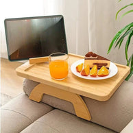 Mesa de bandeja de sofá de bambu, clipe no braço do sofá da mesa lateral com suporte para telefone