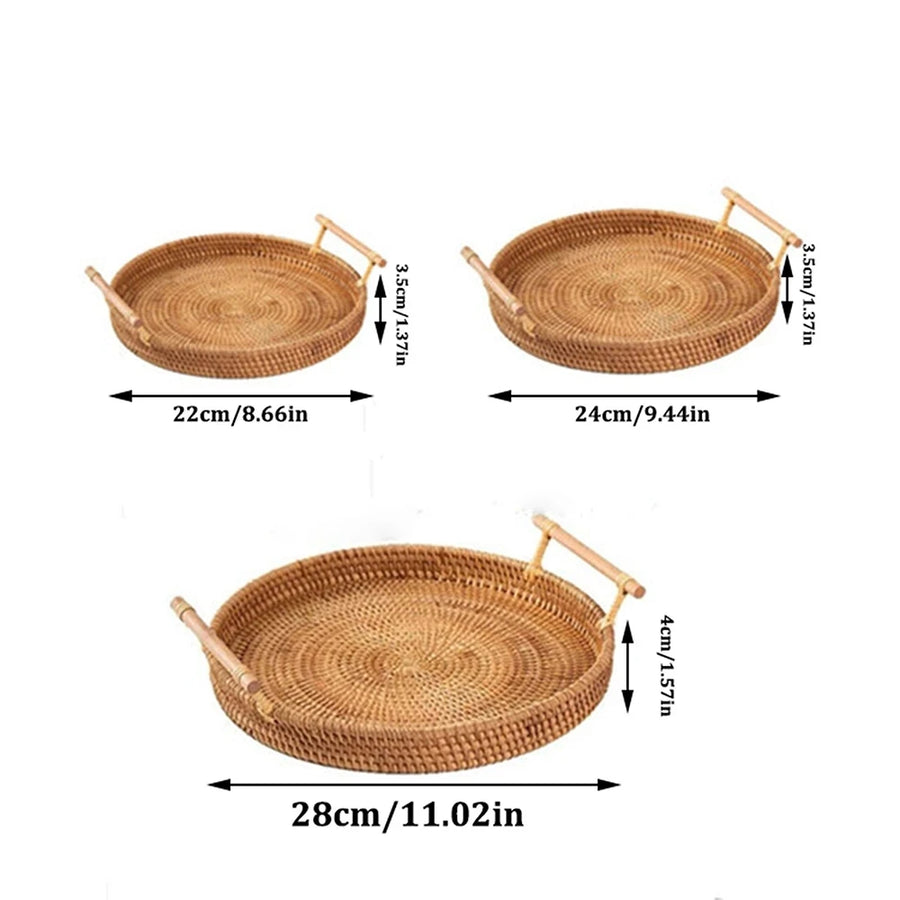 Bandeja Decorativa Redonda de Vime em Rattan Feita a Mão